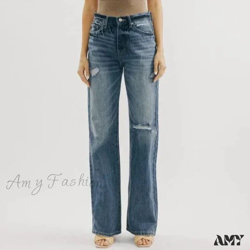 Amy Fashion - Ripped Washed High New Simple Street Loose Straight-leg Denim Jean - Image 4