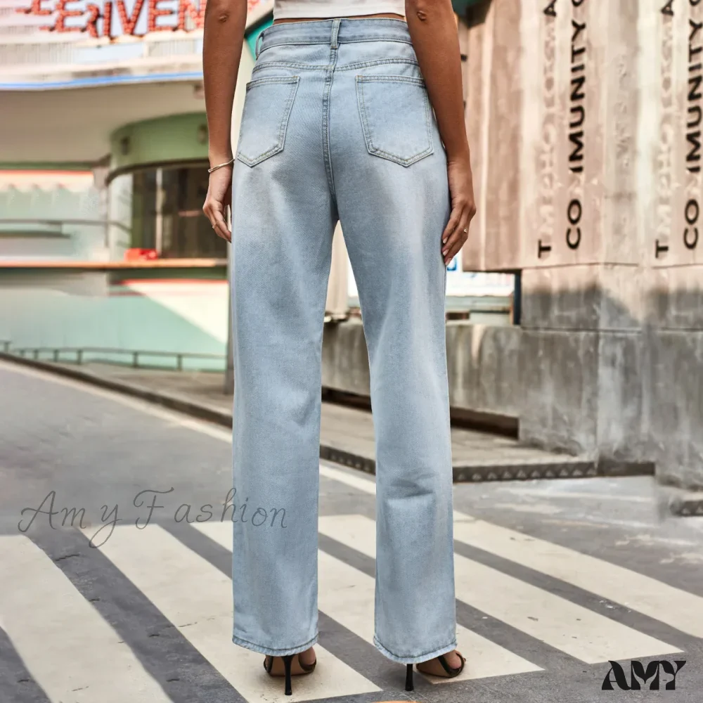 Amy Fashion - Simple New Loose Comfortable Fashion Slimming Light Blue Baggy Denim Jean - Image 2