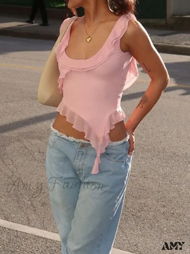 AMY FASHION - Fashion Sleeveless Sexy Ruffles Irregular Summer Camis Crop Top - Image 2