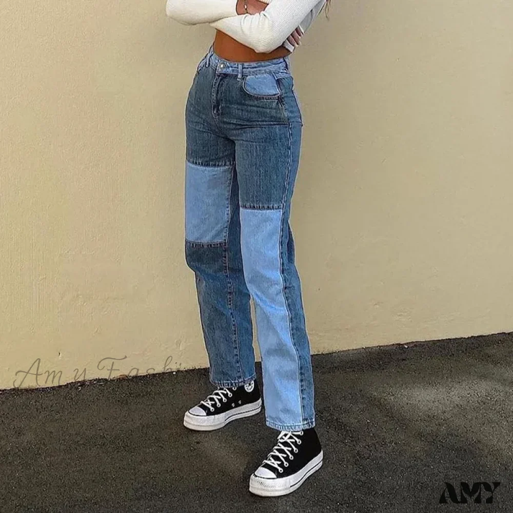 Amy Fashion - Splicing Thin Casual Straight Hip-Hop Street Denim Jean - Image 3