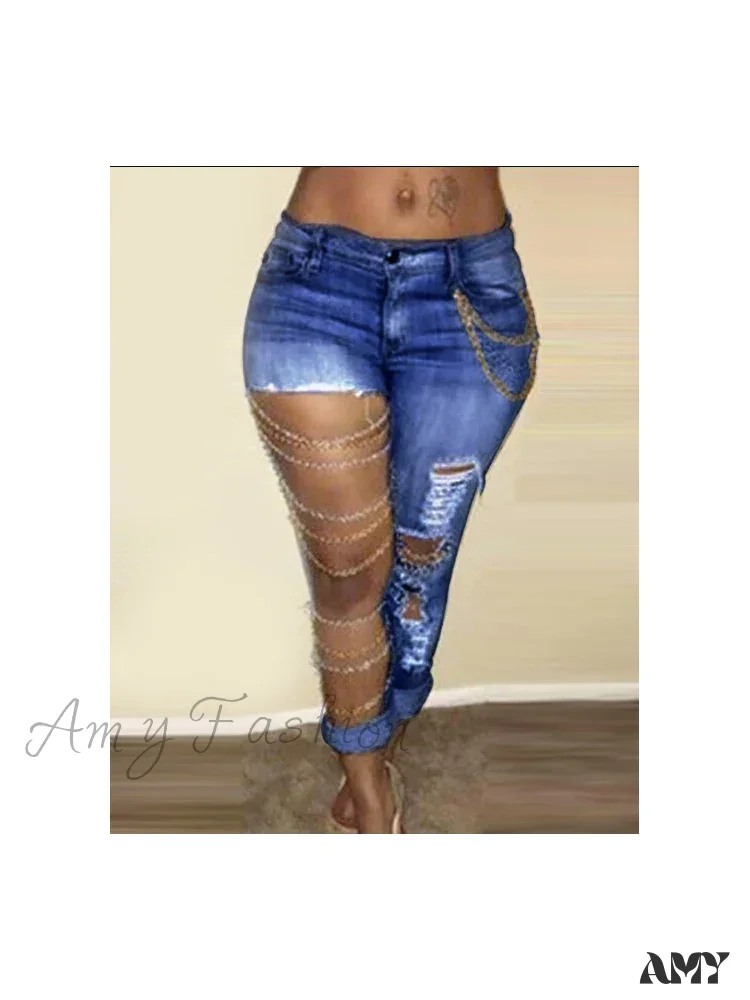 Amy Fashion - Fashion Streetwear High Waist Women With Chain Vintage Ripped Holes Skinny Pencil Bodycon Denim Jean - Image 2
