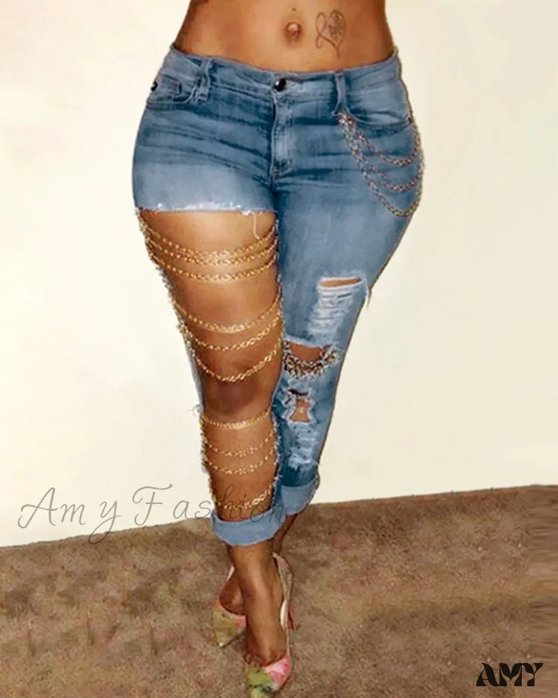 Amy Fashion - Fashion Streetwear High Waist Women With Chain Vintage Ripped Holes Skinny Pencil Bodycon Denim Jean - Image 3