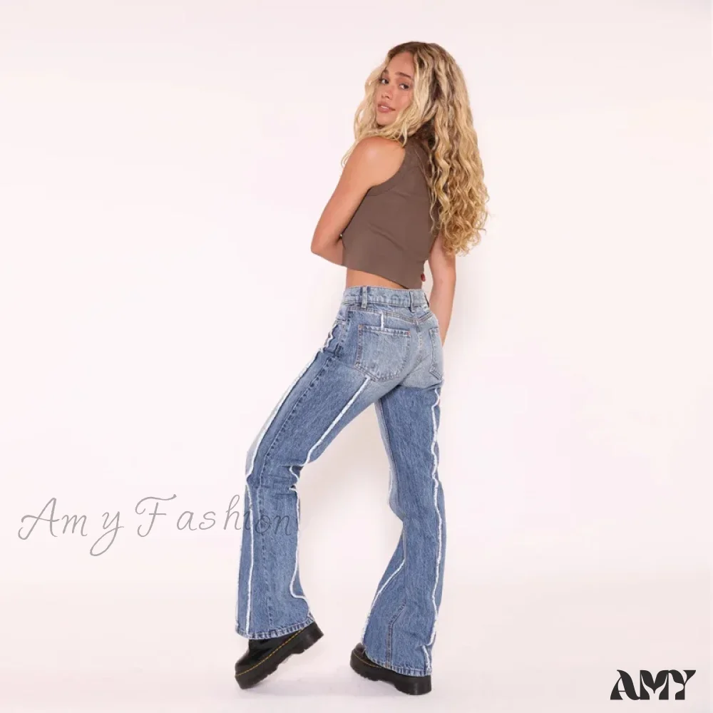 Amy Fashion - Stretch Flare Fashion High Vintage Slim Spliced Bell Bottom Washed Denim Jean - Image 3