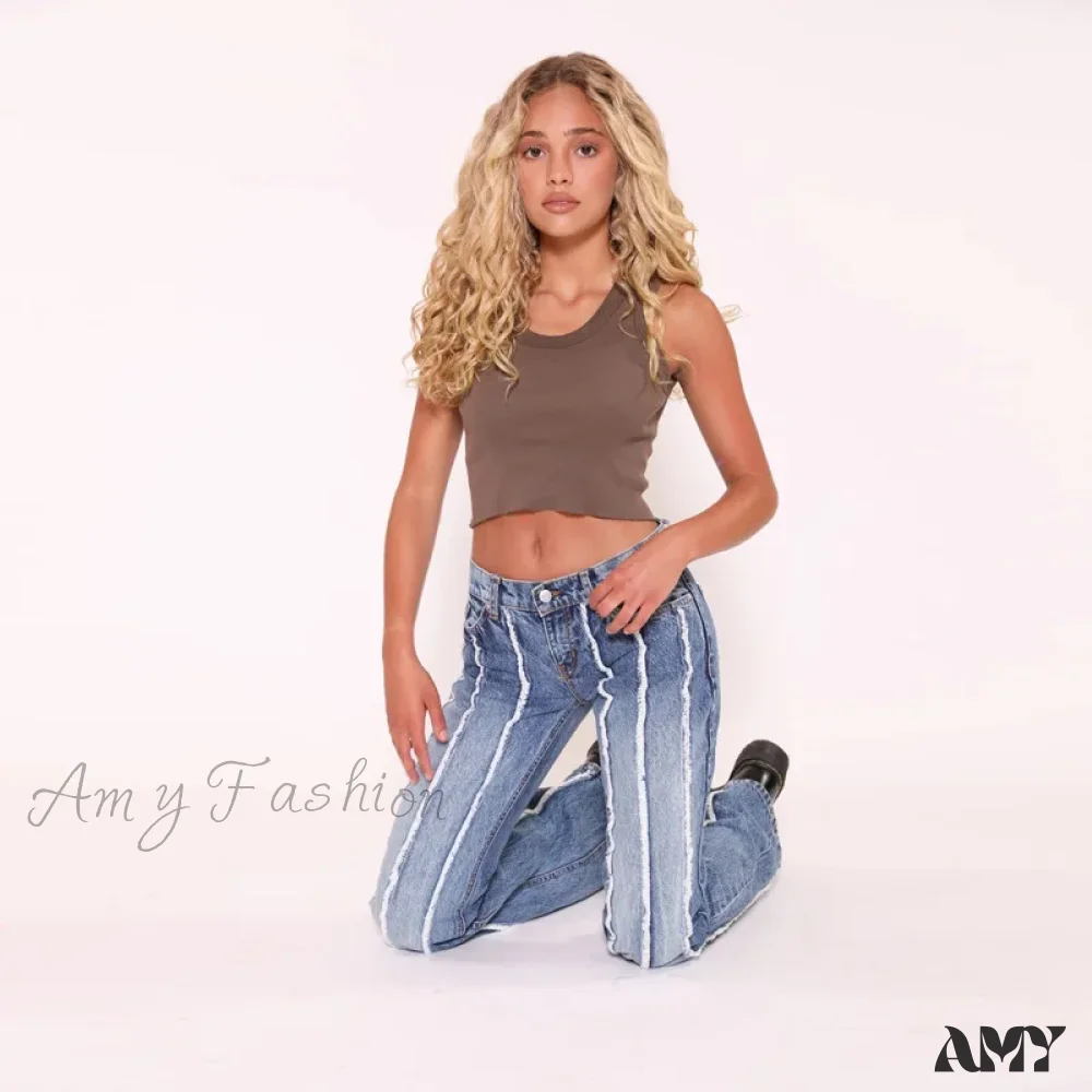 Amy Fashion - Stretch Flare Fashion High Vintage Slim Spliced Bell Bottom Washed Denim Jean - Image 4
