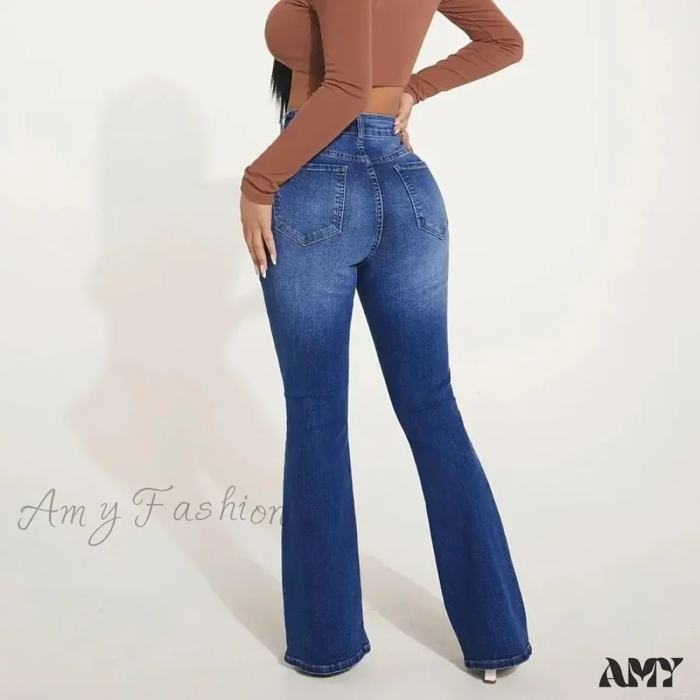Amy Fashion - Stretch Slim Flare Button Fly High Waist Full Length Vintage Jean - Image 2