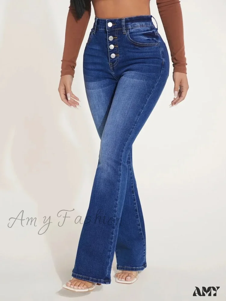 Amy Fashion - Stretch Slim Flare Button Fly High Waist Full Length Vintage Jean - Image 4