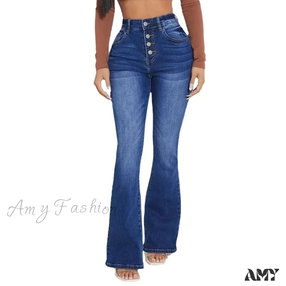 Amy Fashion - Stretch Slim Flare Button Fly High Waist Full Length Vintage Jean - Image 5