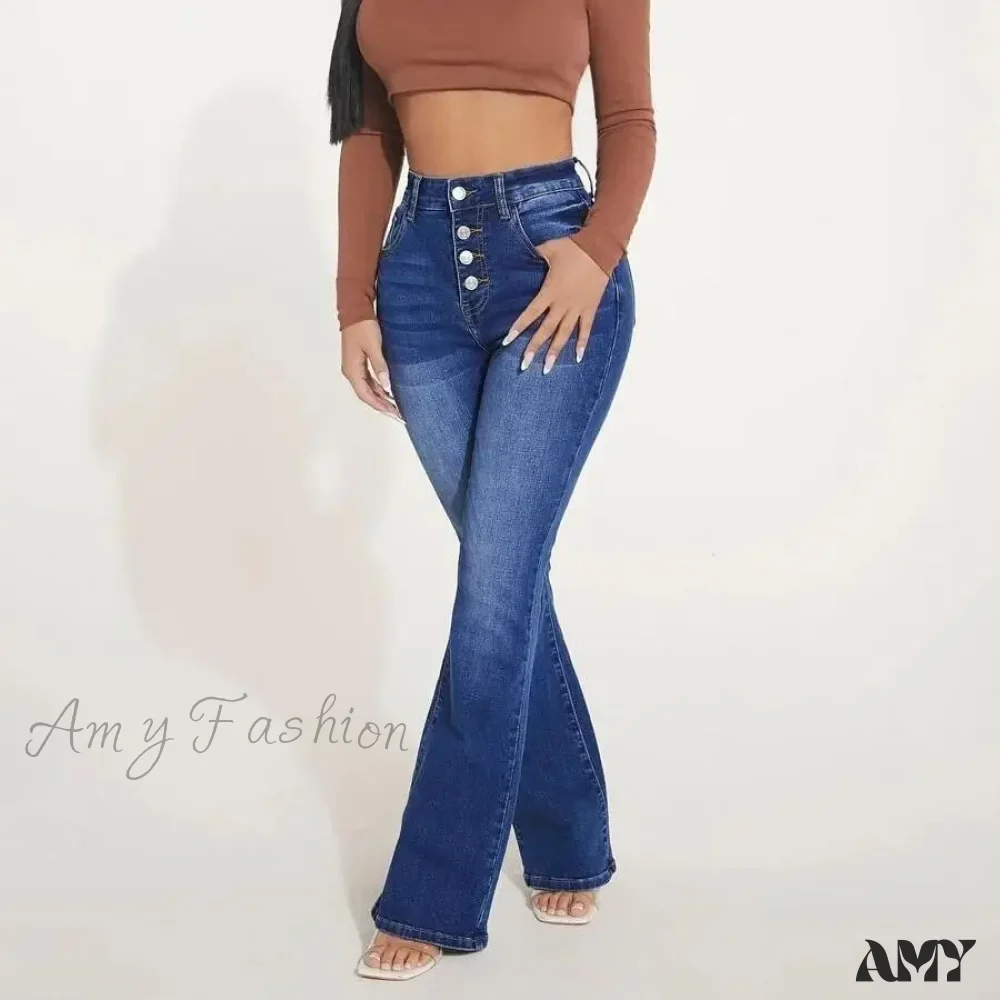 Amy Fashion - Stretch Slim Flare Button Fly High Waist Full Length Vintage Jean - Image 6