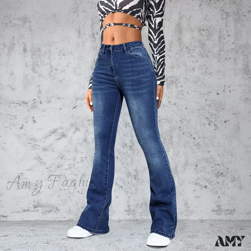 Amy Fashion - Stretch Slim Retro High Waist Stitched Washed Bell-Bottom Denim Jean - Image 2