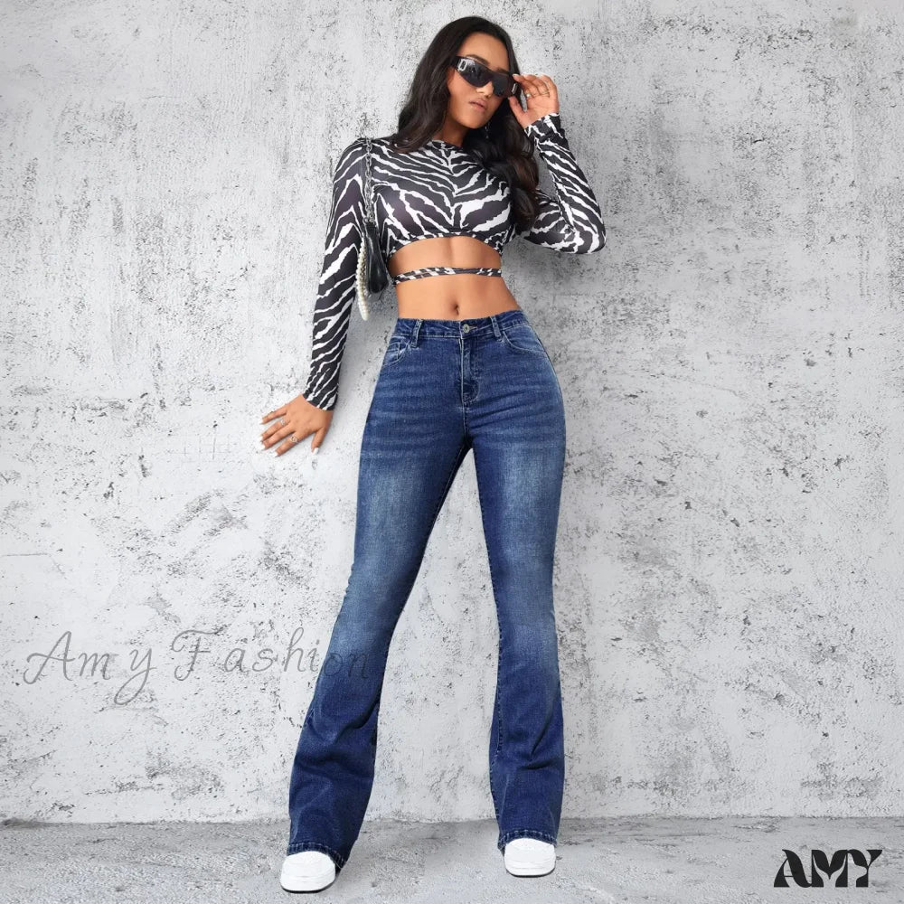 Amy Fashion - Stretch Slim Retro High Waist Stitched Washed Bell-Bottom Denim Jean - Image 3