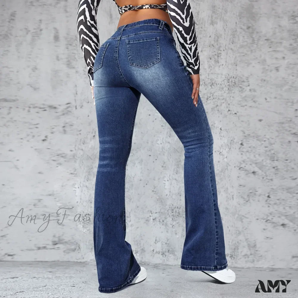 Amy Fashion - Stretch Slim Retro High Waist Stitched Washed Bell-Bottom Denim Jean - Image 4