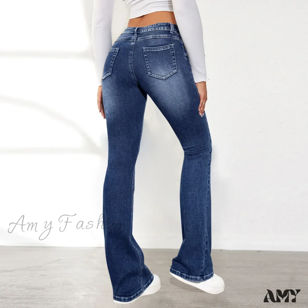 Amy Fashion - Stretch Slim Retro High Waist Stitching Washed Bell-Bottom Fashionable Stylish Elegant Jean - Image 2