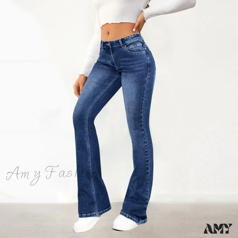 Amy Fashion - Stretch Slim Retro High Waist Stitching Washed Bell-Bottom Fashionable Stylish Elegant Jean - Image 3