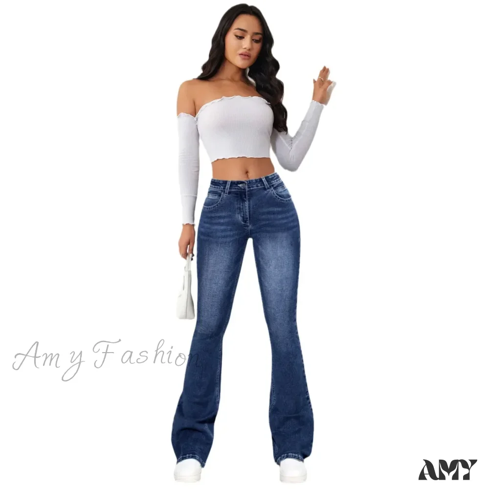 Amy Fashion - Stretch Slim Retro High Waist Stitching Washed Bell-Bottom Fashionable Stylish Elegant Jean - Image 4