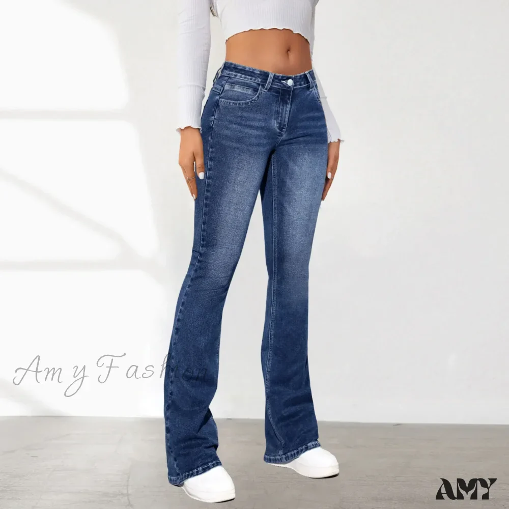 Amy Fashion - Stretch Slim Retro High Waist Stitching Washed Bell-Bottom Fashionable Stylish Elegant Jean - Image 5