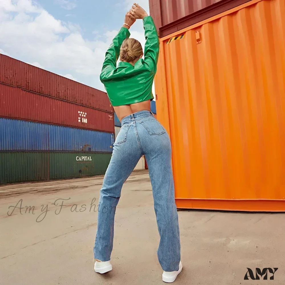Amy Fashion - Stretch Wide Vintage Streetwear Loose Blue Washed Mom Straight Denim Jean - Image 2