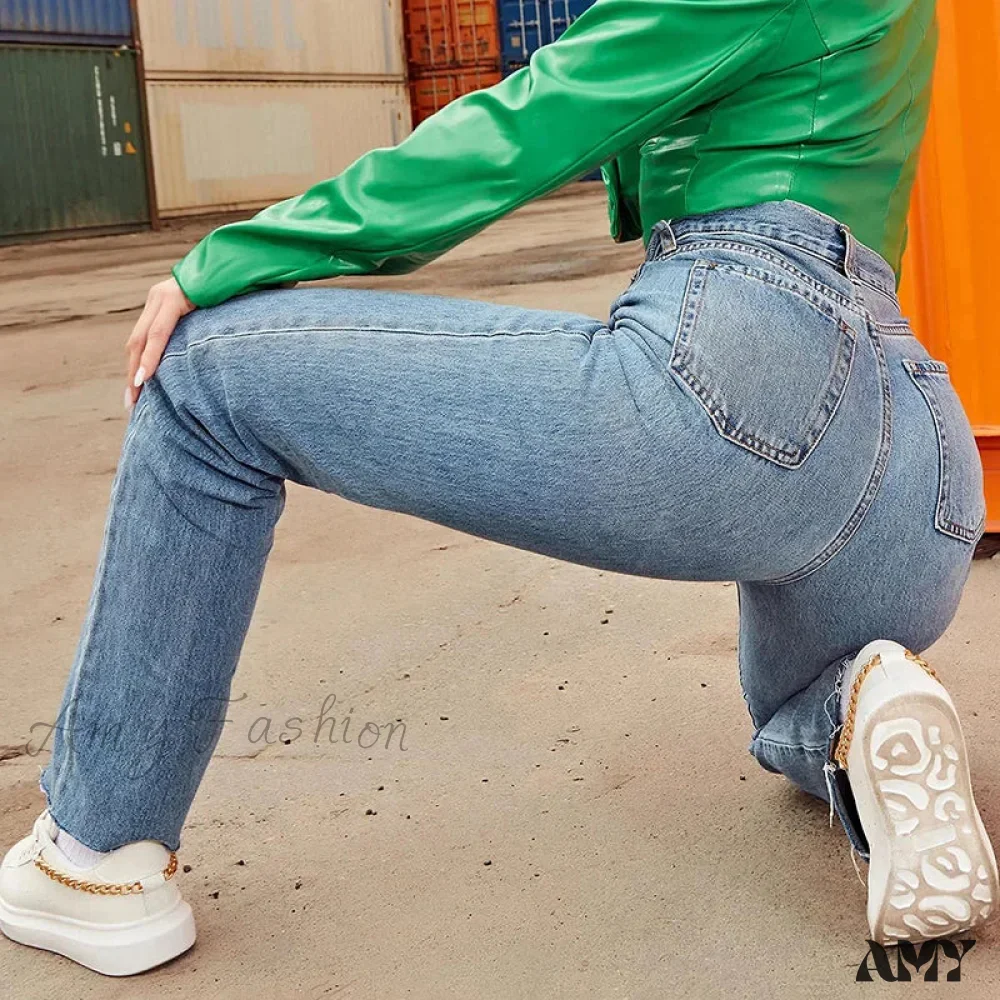 Amy Fashion - Stretch Wide Vintage Streetwear Loose Blue Washed Mom Straight Denim Jean - Image 3