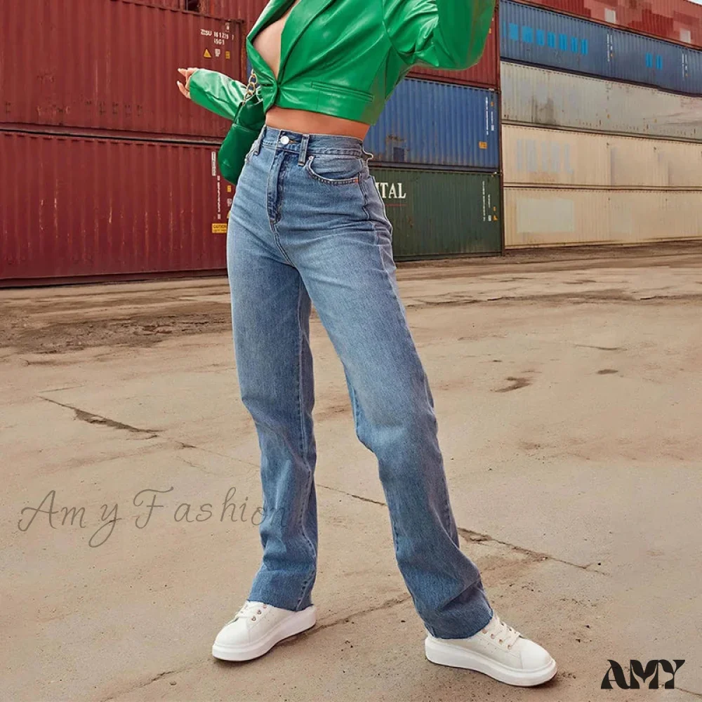 Amy Fashion - Stretch Wide Vintage Streetwear Loose Blue Washed Mom Straight Denim Jean - Image 4