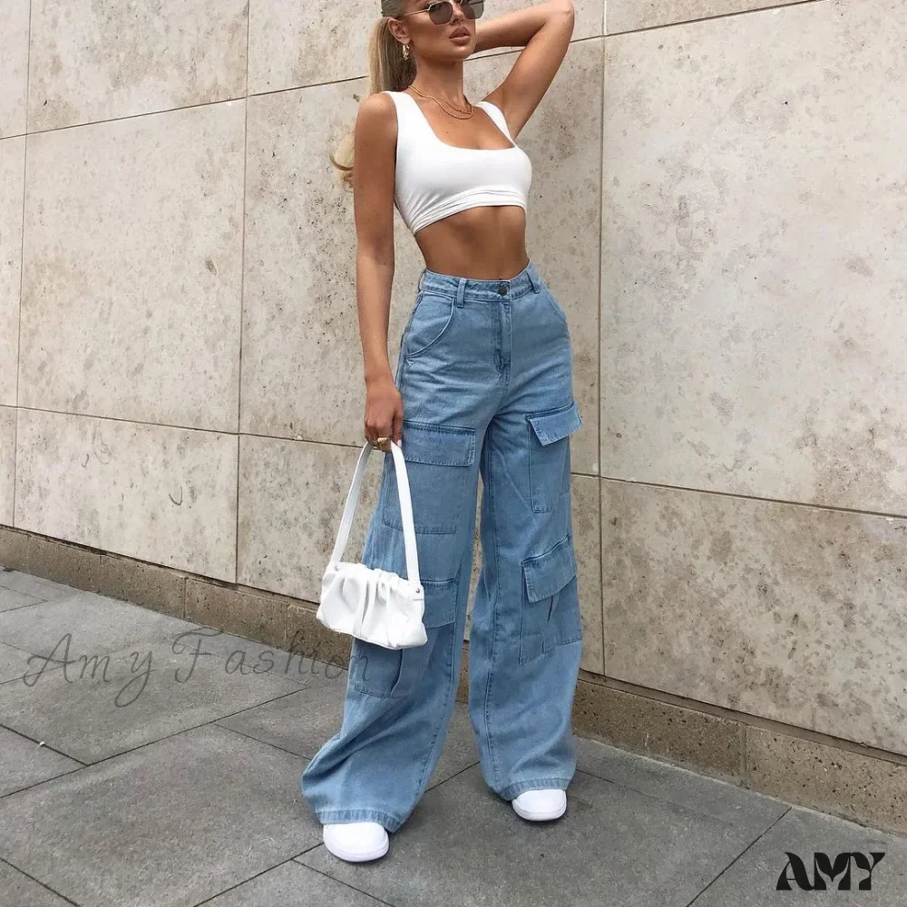 Amy Fashion - Stylish Loose High Waist Solid Color Casual Wild Wide Leg Multi Pockets Jean - Image 2