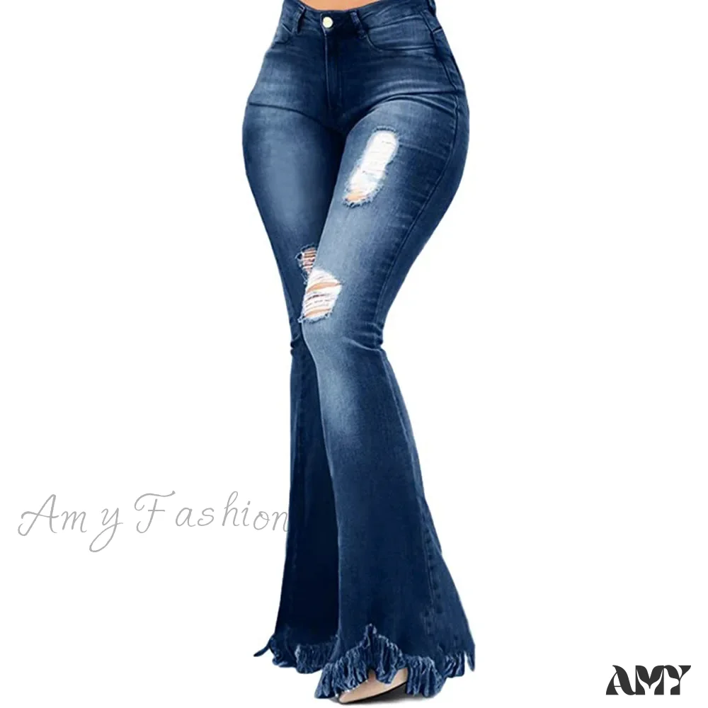 Amy Fashion - Tassel Ripped Skinny Full Length Vintage Denim Jean - Image 2
