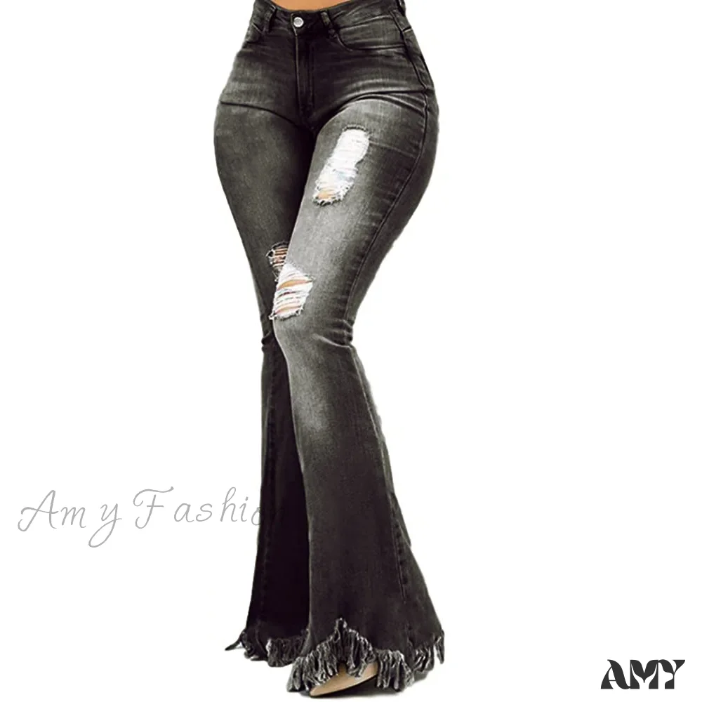 Amy Fashion - Tassel Ripped Skinny Full Length Vintage Denim Jean - Image 3