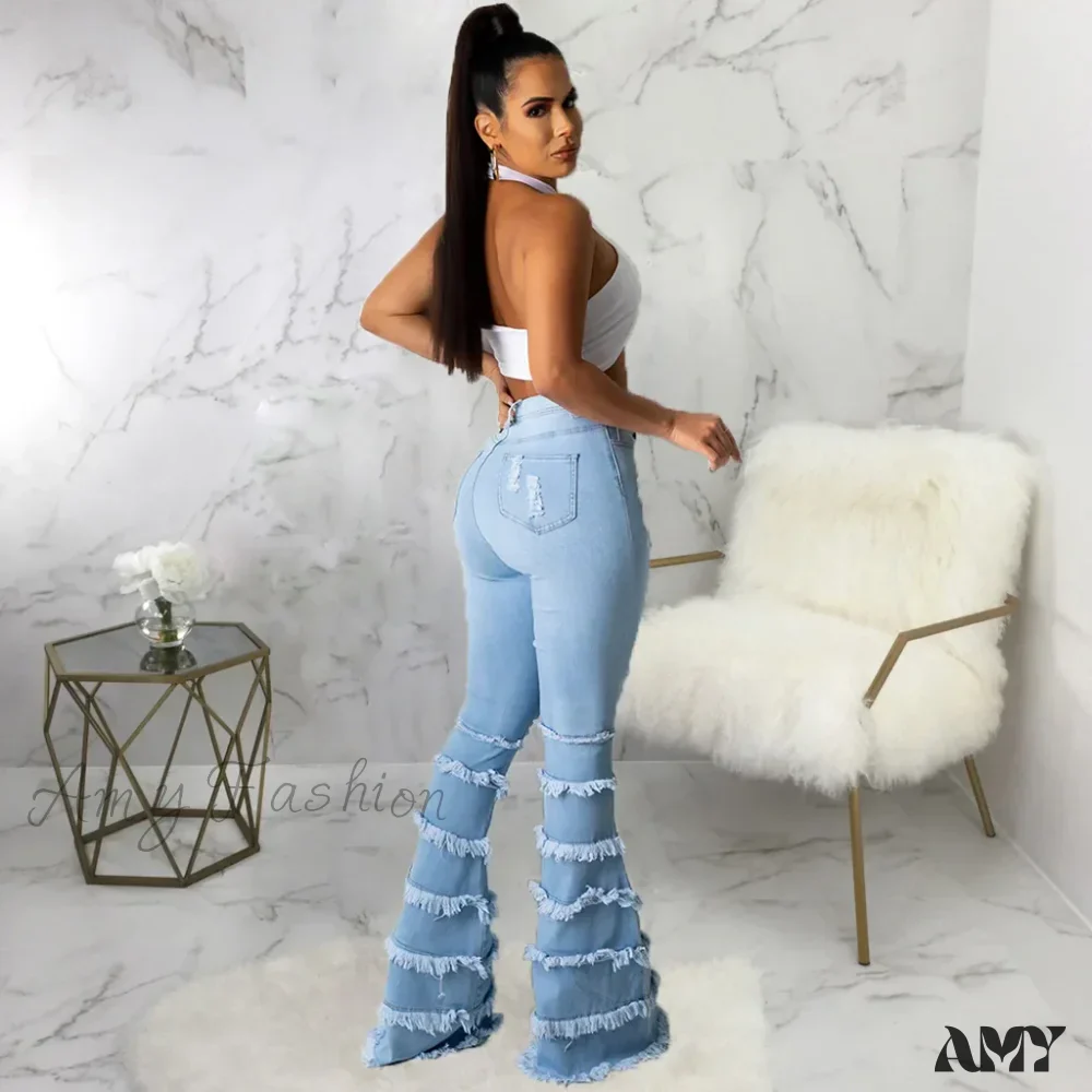Amy Fashion - Tassel Thousand Layers Flared Design Light Blue Ripped Fashion Wide Leg Ladies Jean - Image 2