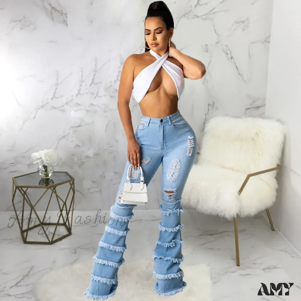 Amy Fashion - Tassel Thousand Layers Flared Design Light Blue Ripped Fashion Wide Leg Ladies Jean - Image 3