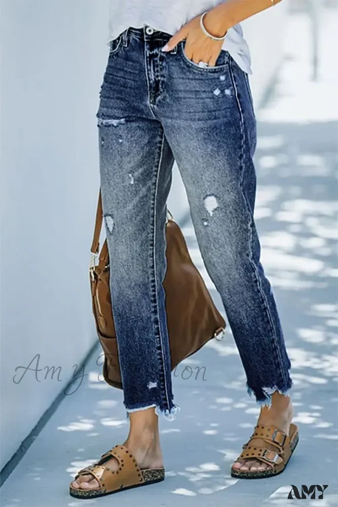 Amy Fashion - Trendy Casual Blue High Waist Streetwear Ripped Fashion Denim Jean - Image 3