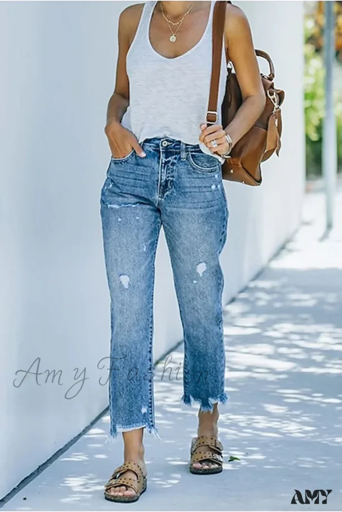 Amy Fashion - Trendy Casual Blue High Waist Streetwear Ripped Fashion Denim Jean - Image 4