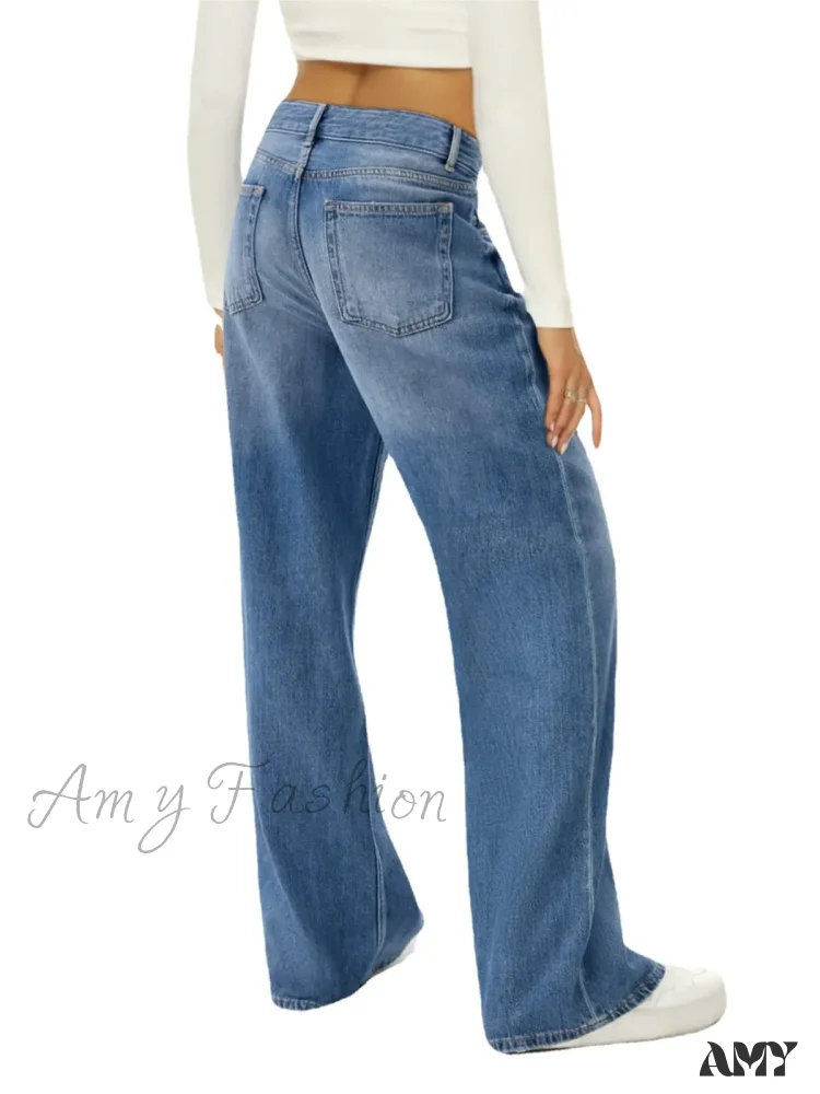 Amy Fashion - Vintage High Waist Wide Leg Blue Baggy Streetwear Harajuku Straight Fashionable Casual Elegant Stylish Jean - Image 2