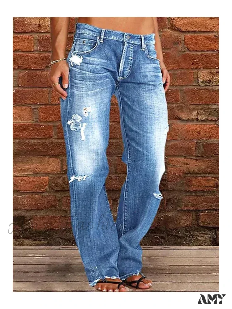 Amy Fashion - Vintage Middle-Waist Ripped Straight Blue Wide-Leg Denim Jean - Image 2