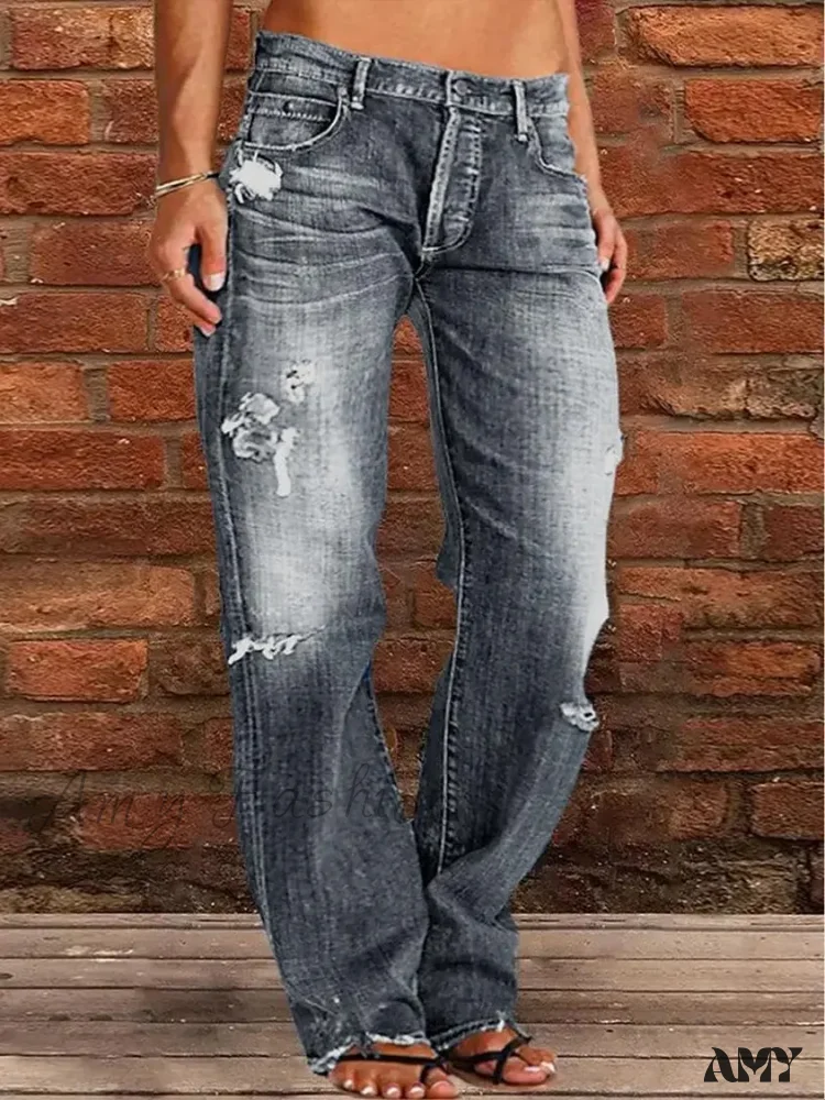 Amy Fashion - Vintage Middle-Waist Ripped Straight Blue Wide-Leg Denim Jean - Image 3