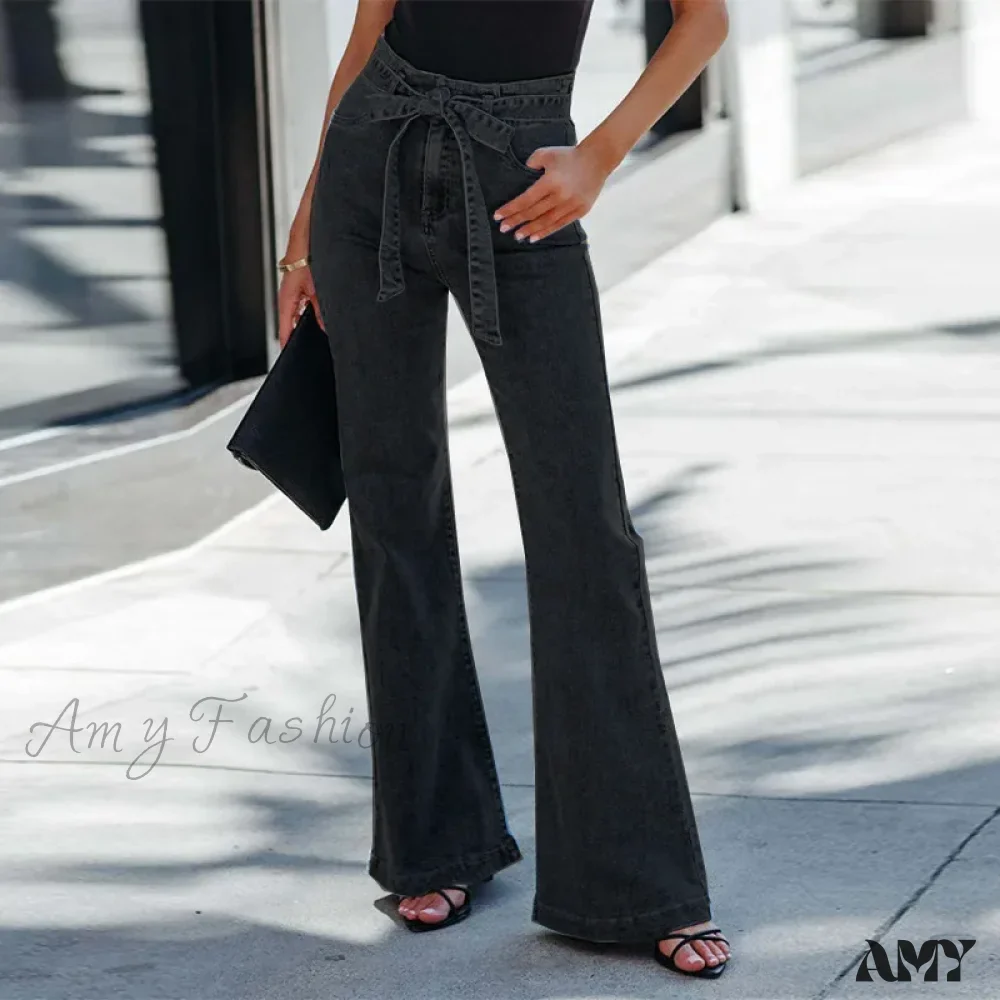 Amy Fashion - Wide Leg Flare Full Length Slim Skinny High Waist Vintage Fashionable Denim Jean - Image 2