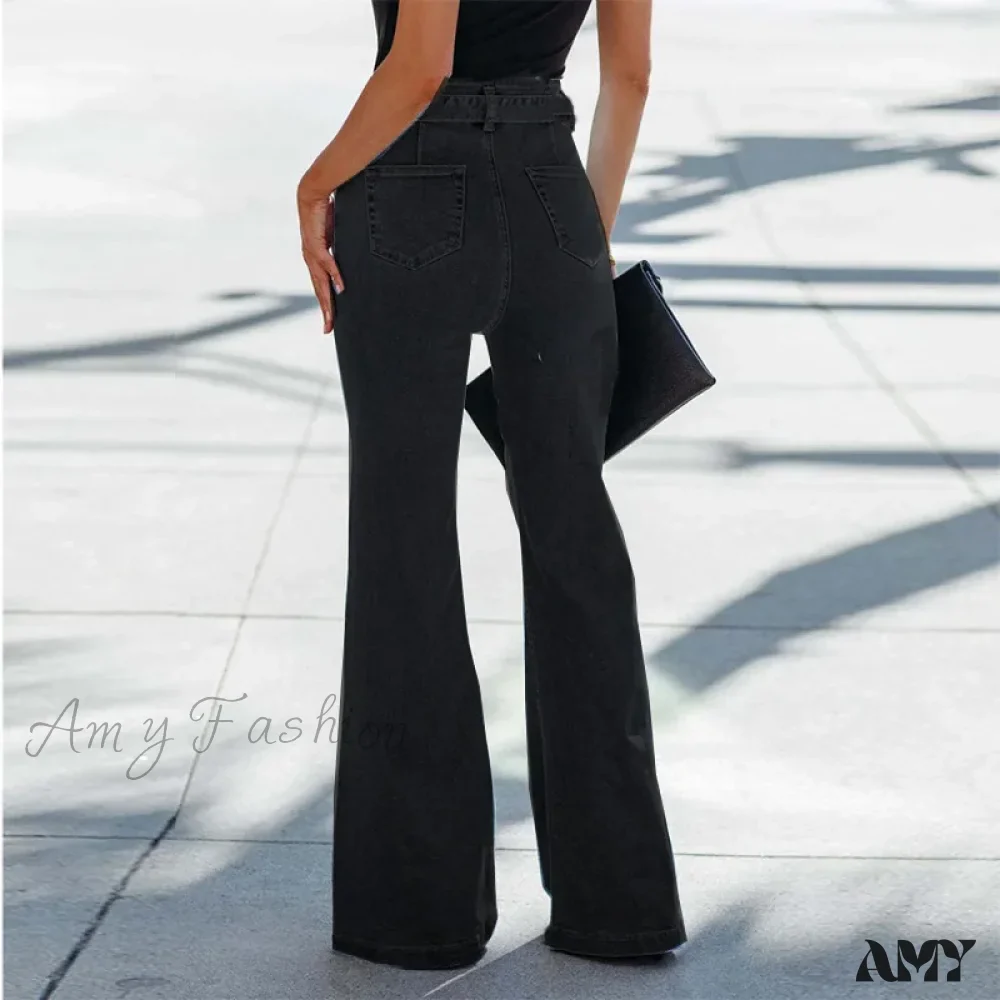 Amy Fashion - Wide Leg Flare Full Length Slim Skinny High Waist Vintage Fashionable Denim Jean - Image 3