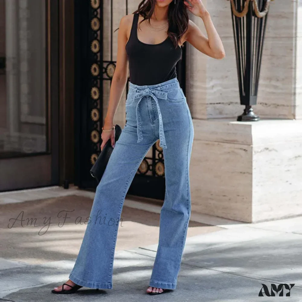 Amy Fashion - Wide Leg Flare Full Length Slim Skinny High Waist Vintage Fashionable Denim Jean - Image 4