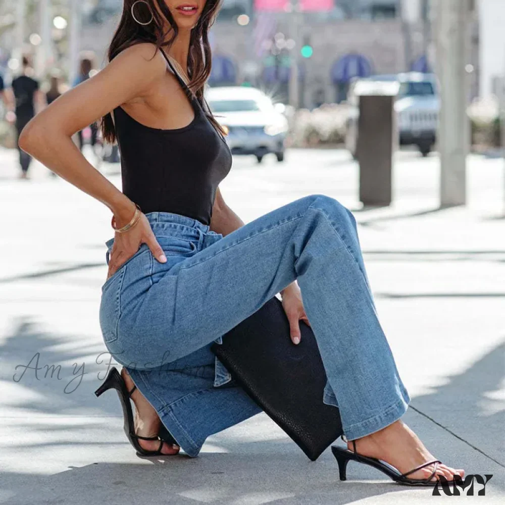 Amy Fashion - Wide Leg Flare Full Length Slim Skinny High Waist Vintage Fashionable Denim Jean - Image 5
