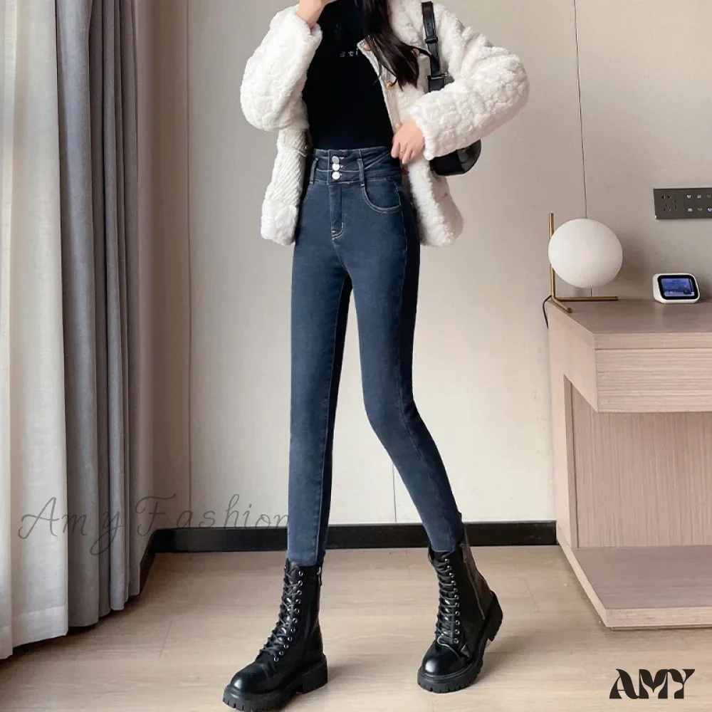Amy Fashion - Winter Plus Velvet Skinny Women Stretch Denim Trousers Retro Patchwork Autumn Warm Thick Pencil Pants Jean - Image 4