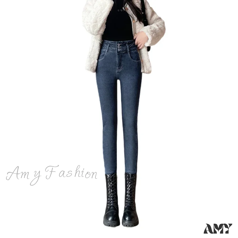 Amy Fashion - Winter Plus Velvet Skinny Women Stretch Denim Trousers Retro Patchwork Autumn Warm Thick Pencil Pants Jean - Image 5