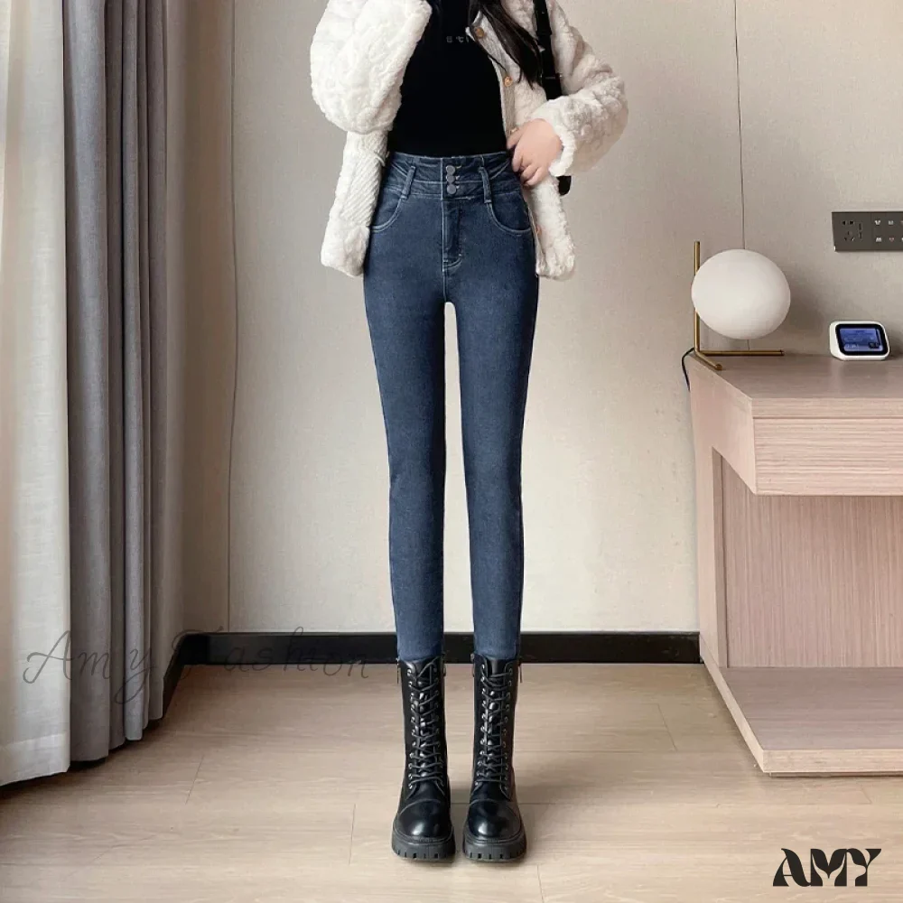 Amy Fashion - Winter Plus Velvet Skinny Women Stretch Denim Trousers Retro Patchwork Autumn Warm Thick Pencil Pants Jean - Image 6