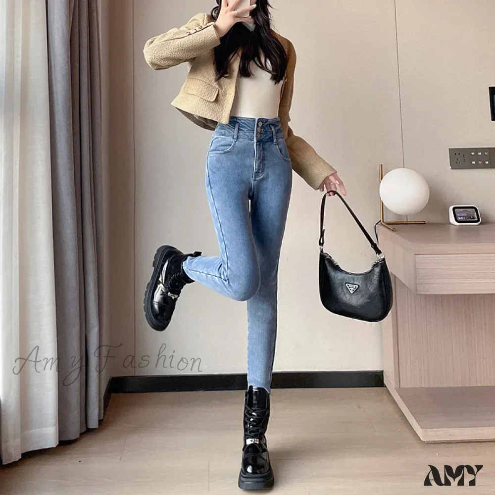 Amy Fashion - Winter Plus Velvet Skinny Women Stretch Denim Trousers Retro Patchwork Autumn Warm Thick Pencil Pants Jean - Image 7
