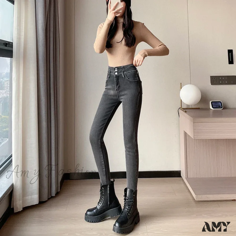Amy Fashion - Winter Plus Velvet Skinny Women Stretch Denim Trousers Retro Patchwork Autumn Warm Thick Pencil Pants Jean - Image 8