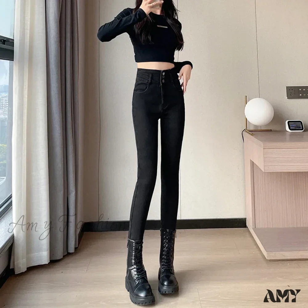 Amy Fashion - Winter Plus Velvet Skinny Women Stretch Denim Trousers Retro Patchwork Autumn Warm Thick Pencil Pants Jean - Image 9