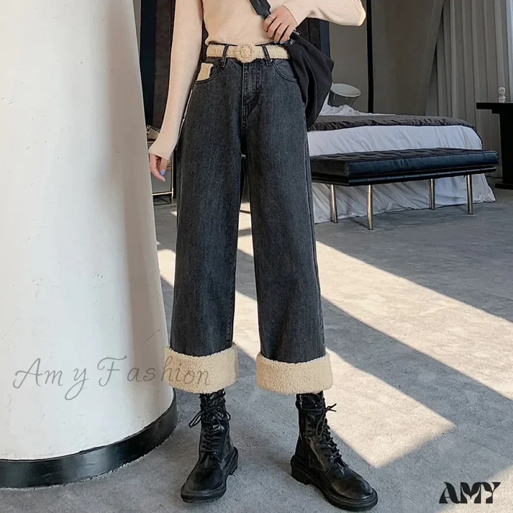 Amy Fashion - Winter Thick Velvet Fleece Faux Lambs Wool Stitching Fashion High Waist Casual Warm Wide Leg Denim Jean - Image 2