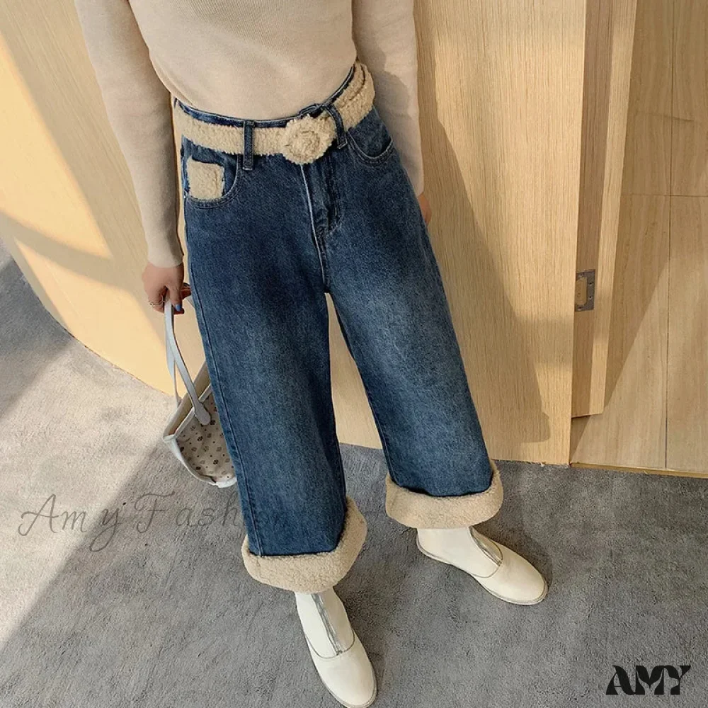 Amy Fashion - Winter Thick Velvet Fleece Faux Lambs Wool Stitching Fashion High Waist Casual Warm Wide Leg Denim Jean - Image 3