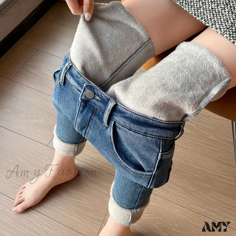 Amy Fashion - Winter Warm Plush Stretch Thermal Fleece Retro Thicken High Waist Jean - Image 3