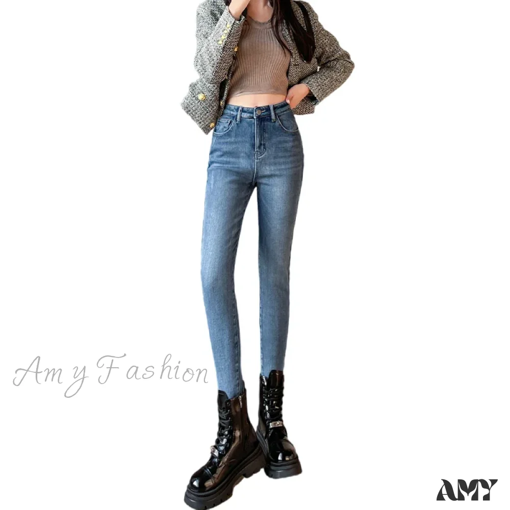 Amy Fashion - Winter Warm Plush Stretch Thermal Fleece Retro Thicken High Waist Jean - Image 4