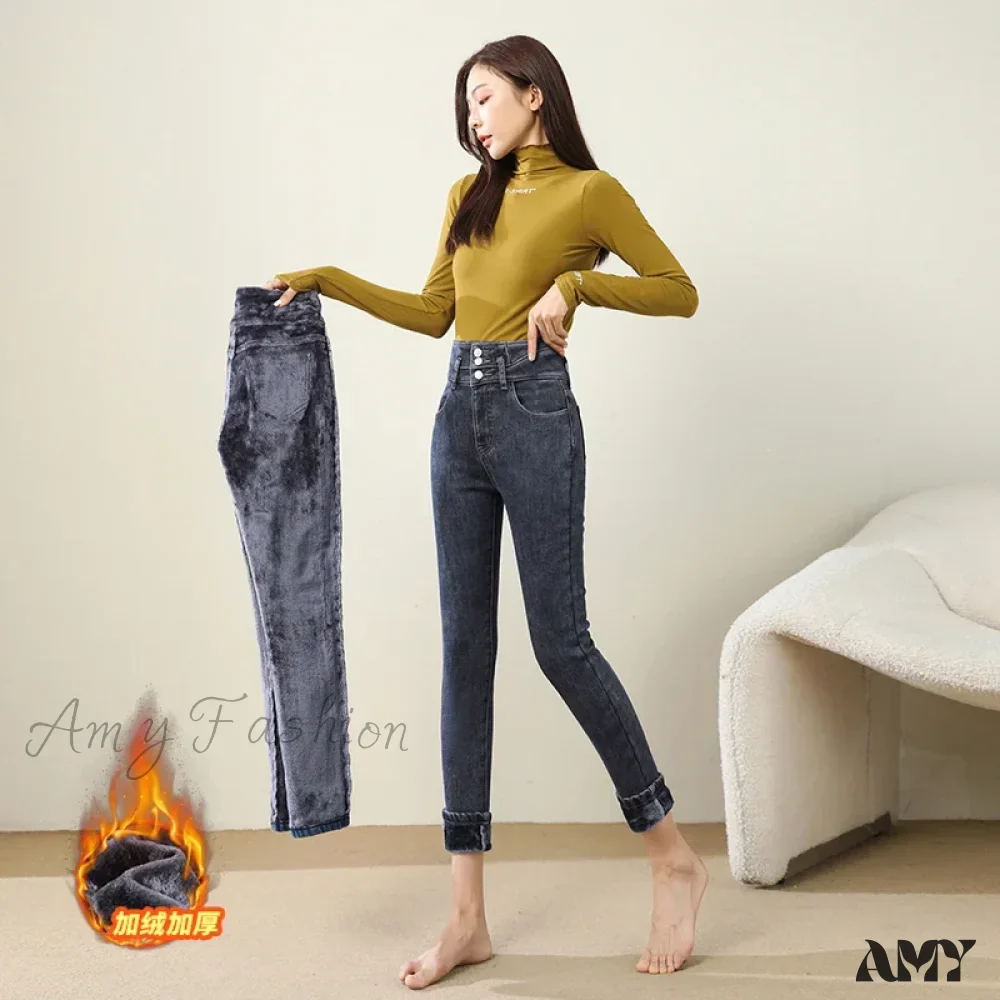 Amy Fashion - Winter Warm Women High Waist Skinny Thick Velvet Casual Lady Denim Pencil Pants Plus Size Fleece Slim Fit Stretch Trousers Jean - Image 2