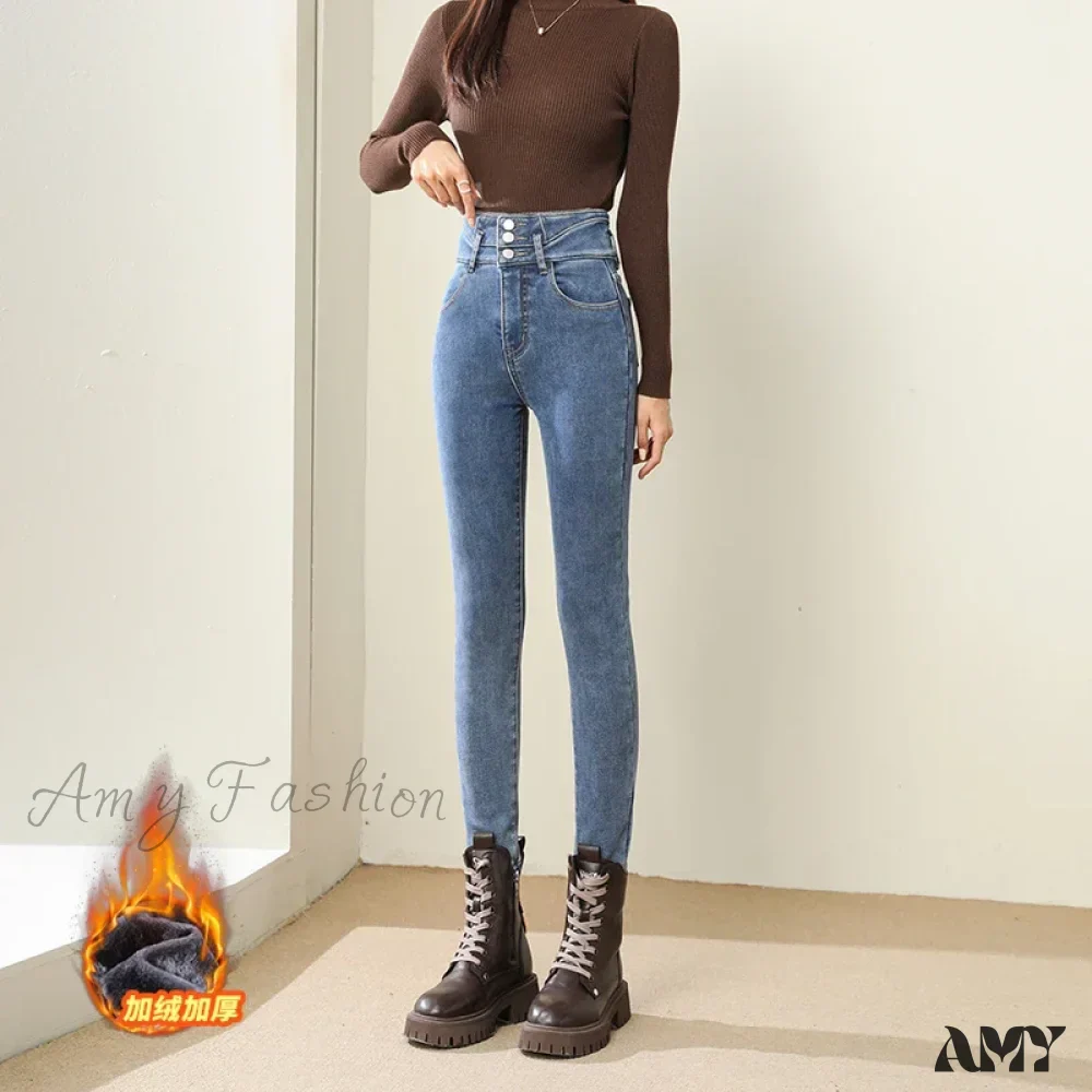 Amy Fashion - Winter Warm Women High Waist Skinny Thick Velvet Casual Lady Denim Pencil Pants Plus Size Fleece Slim Fit Stretch Trousers Jean - Image 4