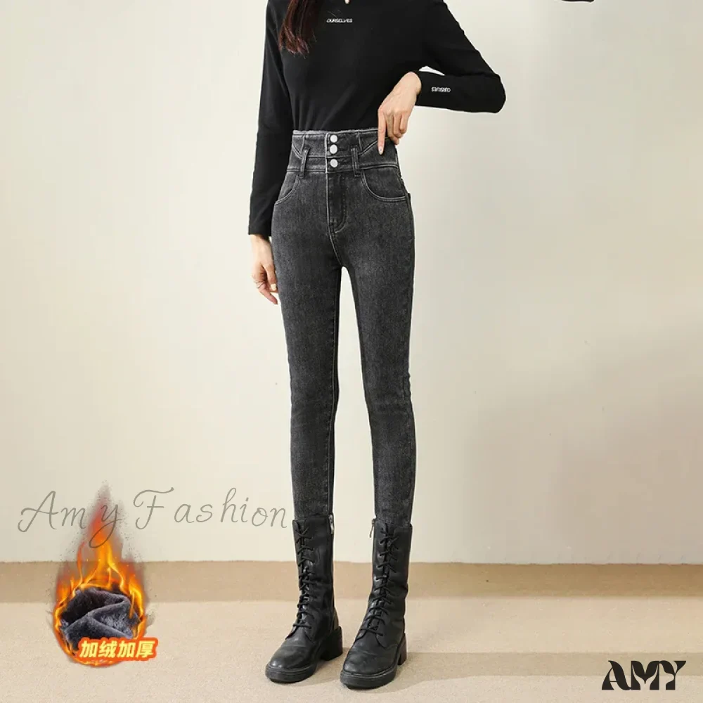Amy Fashion - Winter Warm Women High Waist Skinny Thick Velvet Casual Lady Denim Pencil Pants Plus Size Fleece Slim Fit Stretch Trousers Jean - Image 5