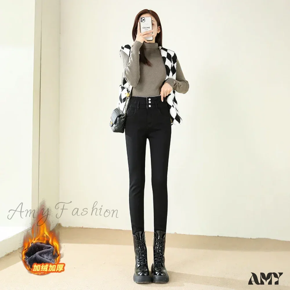 Amy Fashion - Winter Warm Women High Waist Skinny Thick Velvet Casual Lady Denim Pencil Pants Plus Size Fleece Slim Fit Stretch Trousers Jean - Image 7